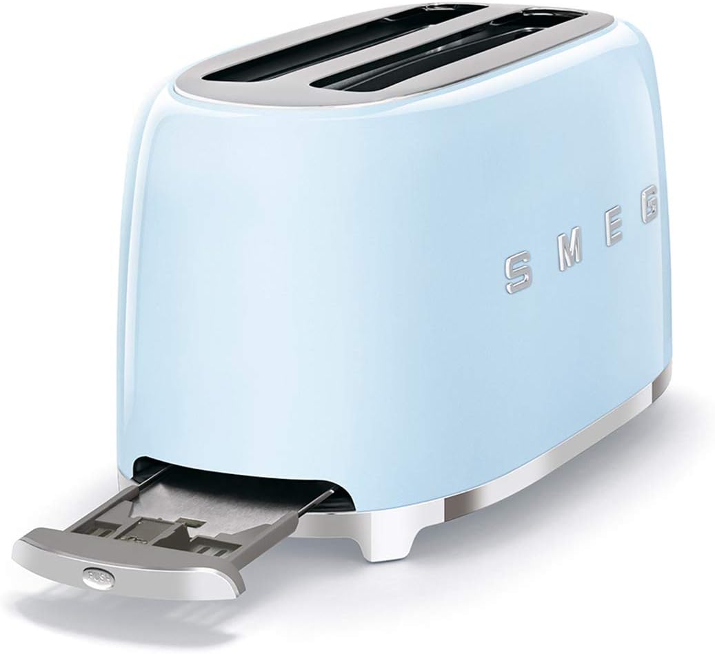Smeg, Grille-pain 4 Tranches TSF02PBEU, 2 Fentes 36 mm, 6 Niveaux de Brunissage, Fonction Chauffage, Décongélation et Bagel, Éjection Automatique du Pain, Ramasse Miettes, 1500 W, Bleu Clair Pastel