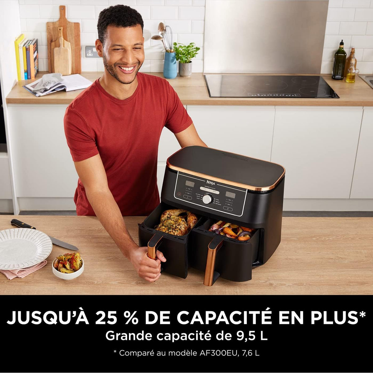 NINJA Foodi MAX Dual Zone Air Fryer, 2 Tiroirs, 9,5L, 6-en-1, Sans Huile, Air Fry, Max Crisp, Rôtir, Cuire, Paniers Antiadhésifs Lavables Au Lave-Vaisselle, Cuivre/Noir AF400EUCP