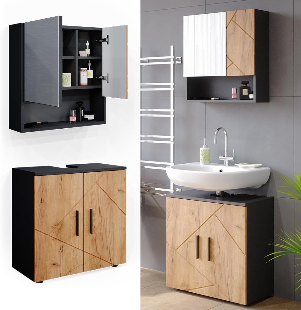Vicco Ensemble de Meubles de Salle de Bain Irma, Anthracite/Chêne, 2 pièces, Armoire Basse 60 cm