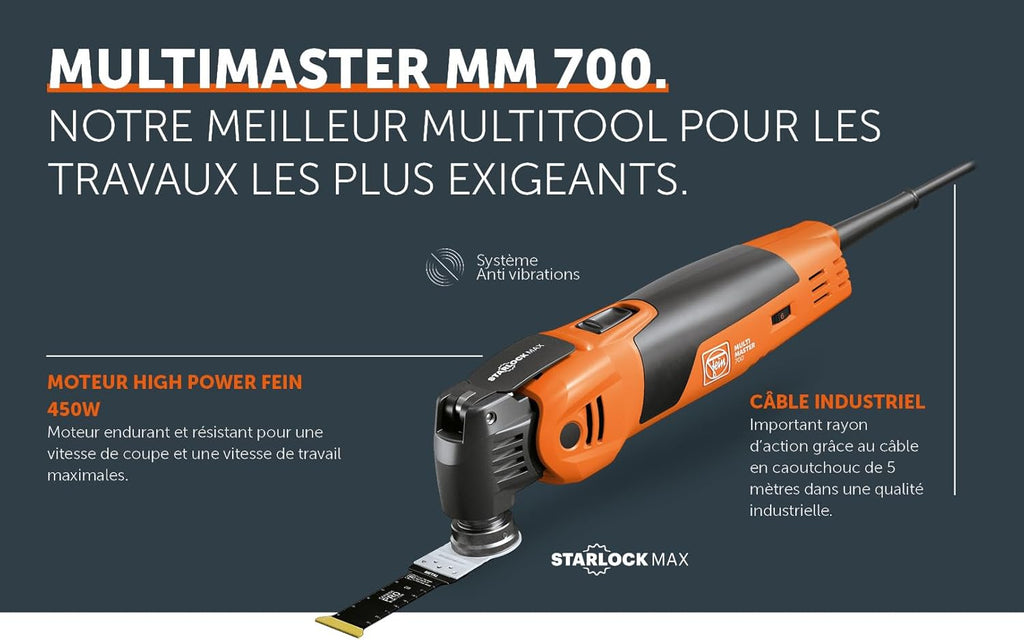 FEIN Multimaster MM 700 Max Top,MultiTool puissant rapide avec plus de 60 accessoires, Motor FEIN 450 W, système anti-vibration, Porte-outil StarlockPlus, Changement d’accessoire QuickIN