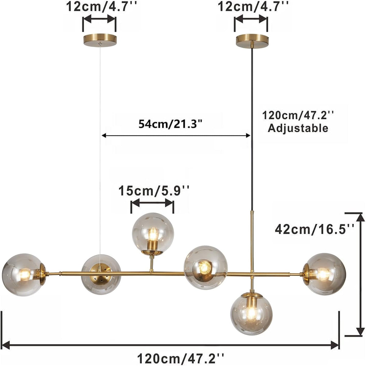 KCO Lighting Lustre doré moderne linéaire à 6 lumières pour îlot de cuisine, hauteur réglable en forme de globe en verre gris fumé
