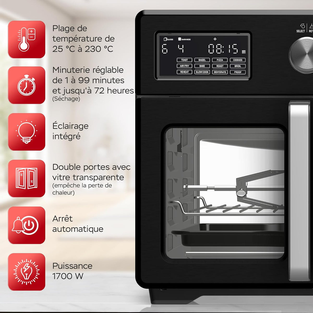 TurboTronic Mini four, four à air chaud 4 en 1 et friteuse à air chaud, version XXL 32 L, y compris tournebroche et de nombreux accessoires, plaque de cuisson, déshydrateur à partir de 25 °C & grill