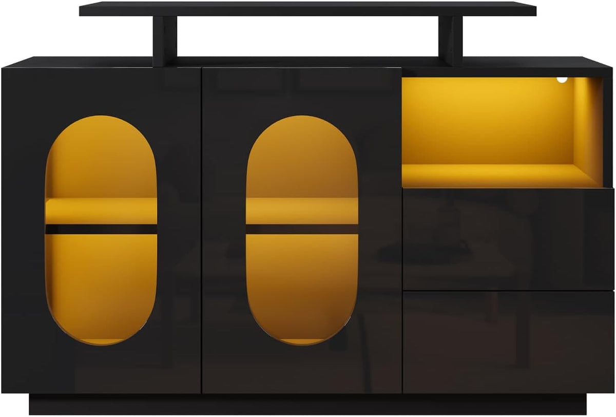 KOMHTOM LED Commode, Buffet en Bois, Armoire de Rangement, Espace Multi-Partitionné, Vitrine Moderne pour Salon, Salle à Manger et Couloir Noir-F