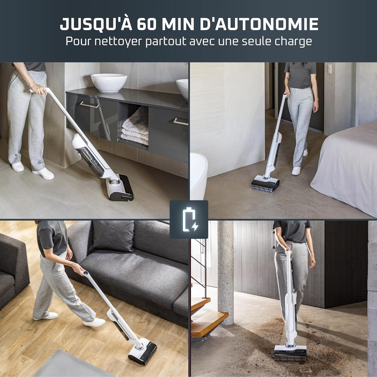 Rowenta X-Clean 10, Aspirateur Laveur sans fil, Design Plat 180°, Auto-Nettoyage et séchage 65°C, Autonomie 60min, Parfait pour Tâches Tenaces et Poils d’Animaux GZ7540WO, Blanc