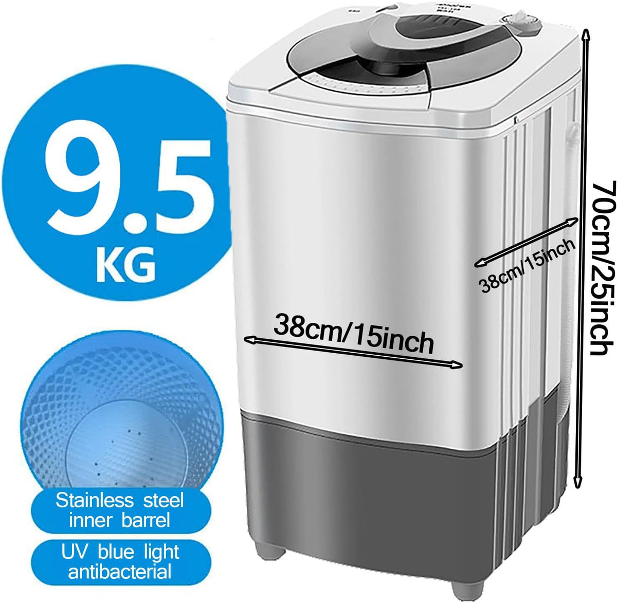 WhAeoy Sécheuse À Essorage, Essoreuse À Économie D'énergie Et D'énergie, Lumière Bleue + 9,5 Kg + Cylindre Intérieur en Acier Inoxydable, Sécheuse À Drainage par Gravité,A