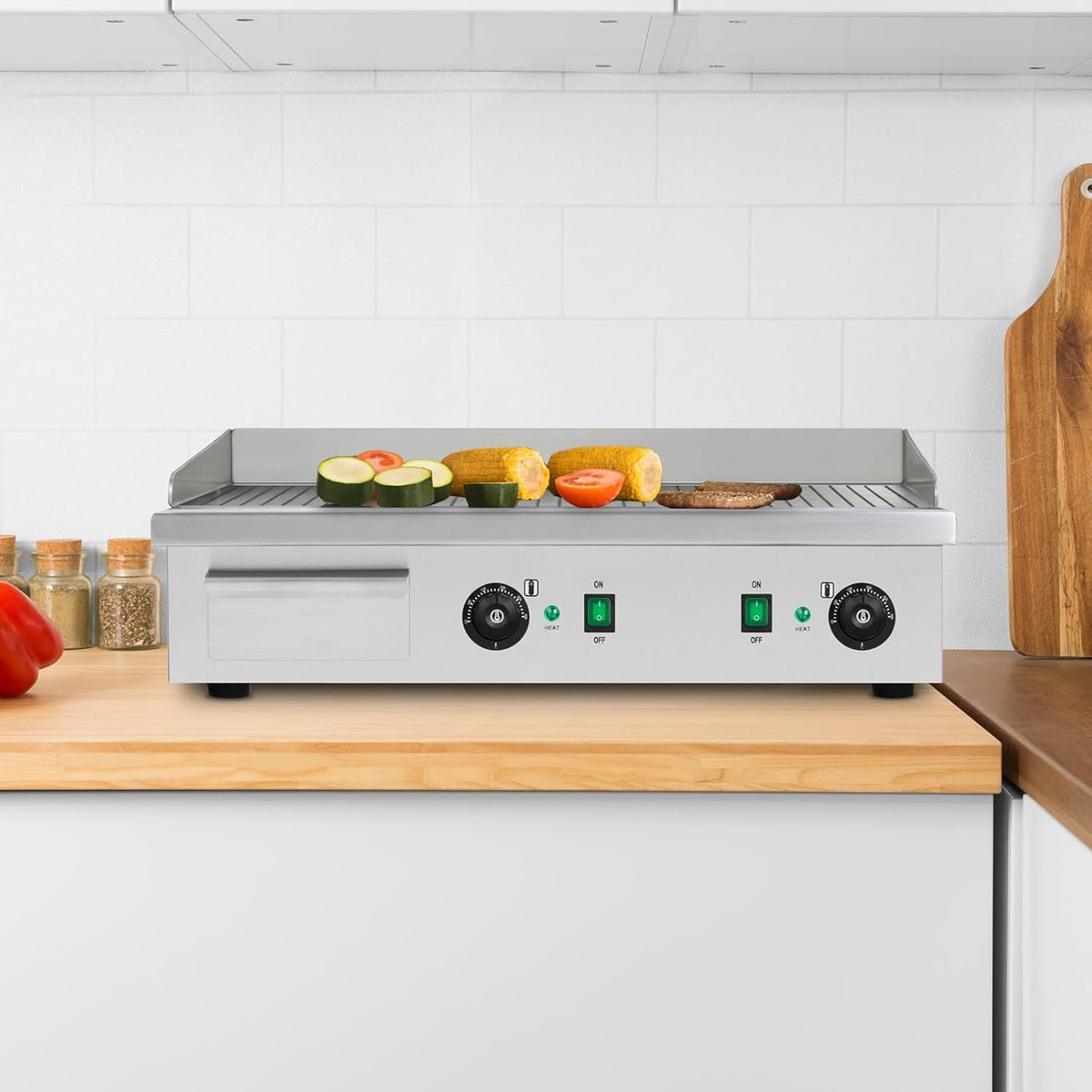 vertes Plancha Électrique Professionnelle 4400W en Acier Inoxydable Surface de Gril avec Rainures 74x41cm, 2x Thermostat, 2x Température 50-300C, Protection Contre les Éclaboussures