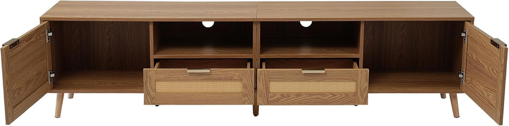 Jaxenor Meuble TV en rotin 200 cm, meuble de télévision, commode TV pour le salon, meuble de rangement pour écran 85 pouces, meuble TV avec beaucoup d'espace de rangement, 2 tiroirs, 2 portes, chêne