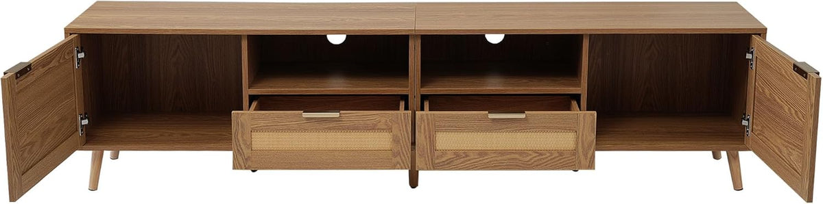 Jaxenor Meuble TV en rotin 200 cm, meuble de télévision, commode TV pour le salon, meuble de rangement pour écran 85 pouces, meuble TV avec beaucoup d'espace de rangement, 2 tiroirs, 2 portes, chêne