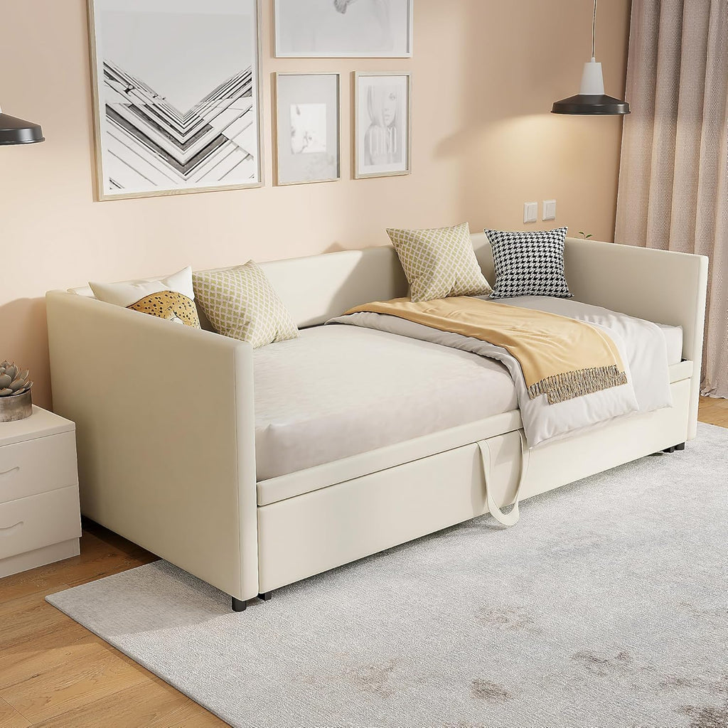 Canapé lit 2 Places 90/180 x 200 cm, Canapé-lit Convertible rembourré avec sommier à Lattes, Canapé Convertible Extensible pour Salon, No Matelas (Beige, Velours)