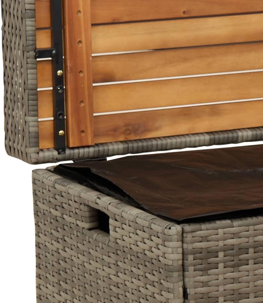 LAPOOH Banc de rangement pour jardin gris, 100 x 50 x 52 cm, polyrotin Acacia, banc d'extérieur avec conteneur