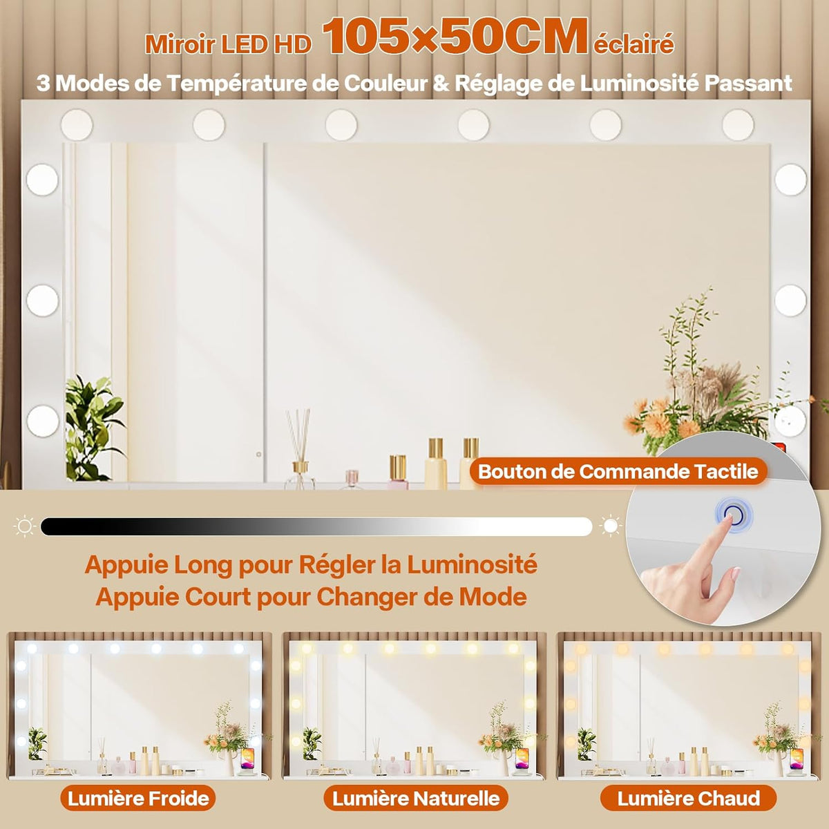 TRIUMPHKEY Coiffeuse avec Grande Miroir et Multiprise, 12 Ampoules LED Réglables, Table de Maquillage avec 7 Tiroirs, Rangement de Bijoux, 120x40x140cm Grande Commode Moderne Blanc