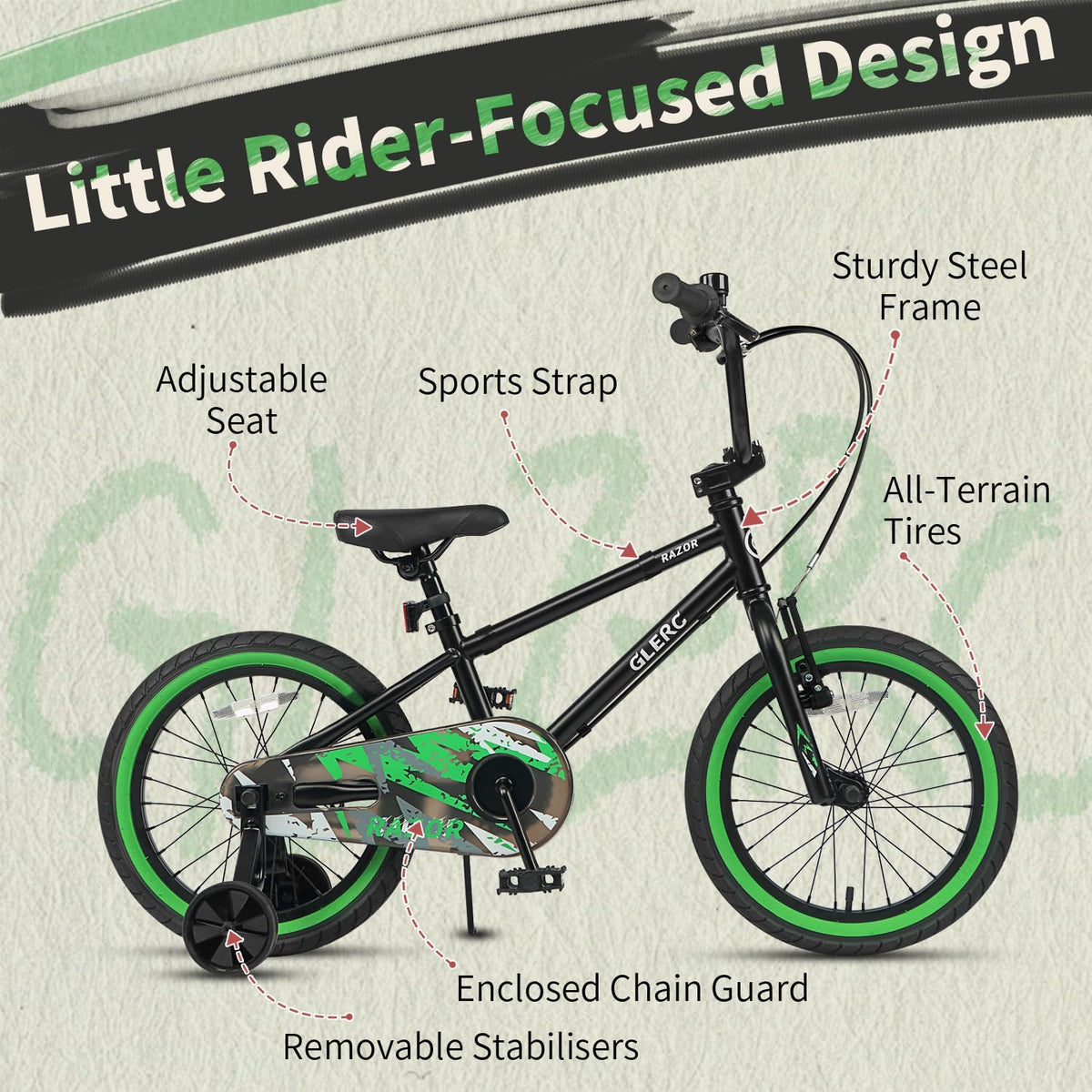 Glerc Razor Vélo Enfant 12 14 16 Pouces Style BMX pour Garçons de 2-8 Ans avec Stabilisateurs & Béquille & Sonnette, Couleurs Multiples