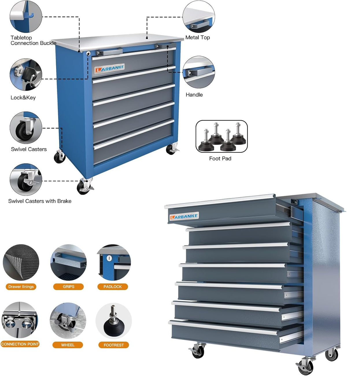 LARBANKE Commode à outils combinée à 12 tiroirs avec plan de travail en acier inoxydable, système de verrouillage, meuble de rangement à outils avec roulettes et pieds rembourrés