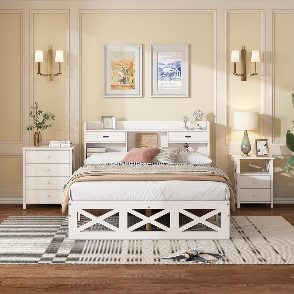 I0I&I0I Ensemble de chambre complète, design moderne, lit en bois, table de chevet et commode, 140 x 200 cm, lit double, fonction de rangement, table de chevet avec 2 tiroirs et 1 compartiment, blanc