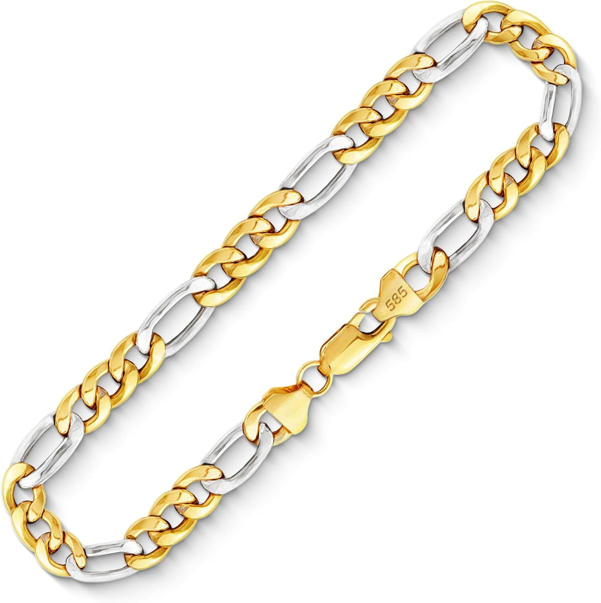 EDELIND Bracelet Chaîne Figaro 5,7 mm en Or Blanc et Jaune Bicolore 585 333 750 - Bijoux pour Homme avec Fermoir Mousqueton
