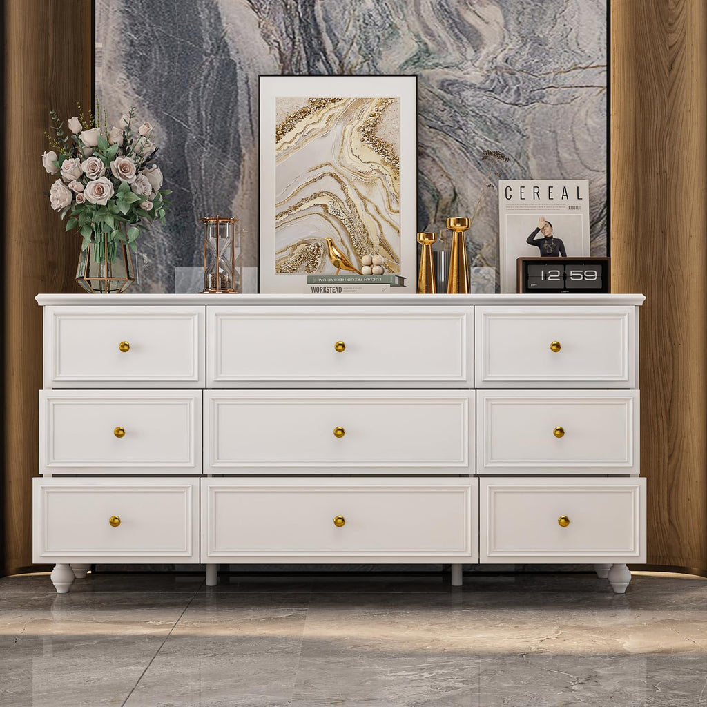 PREMTURE Commode blanche avec 9 tiroirs, commode pour salon, MDF, 160 x 40 x 80 cm, panneau MDF épais JRDE0005-3900