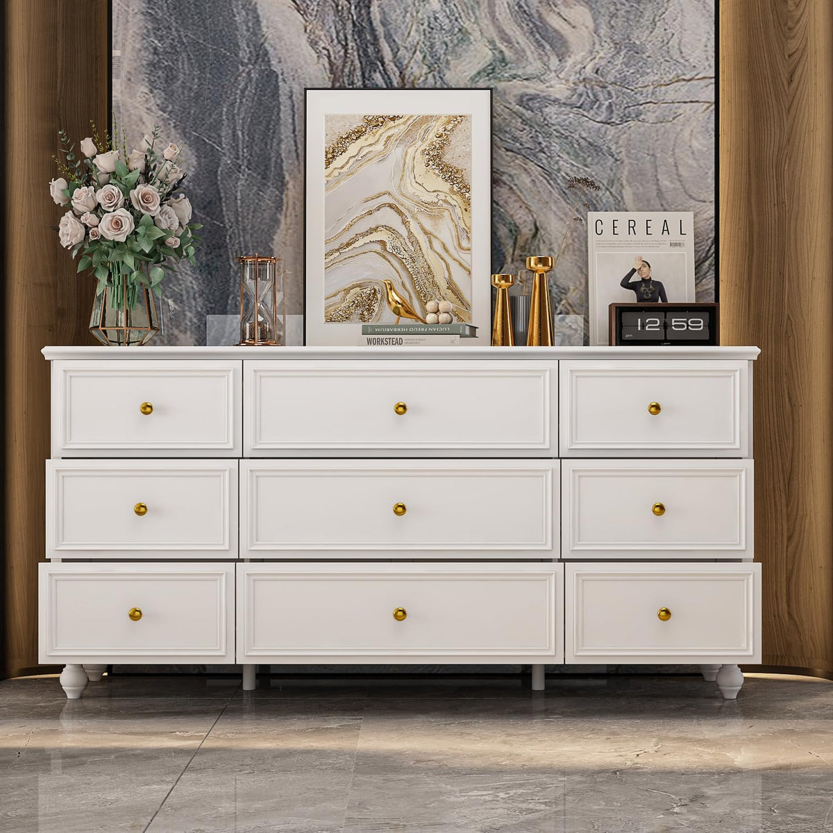 PREMTURE Commode blanche avec 9 tiroirs, commode pour salon, MDF, 160 x 40 x 80 cm, panneau MDF épais JRDE0005-3900