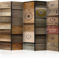 decomonkey - Paravent décoratif intérieur Bois Rétro 225x172 cm - Cloison de séparation - Gris Vert Blanc Beige - Inscriptions en Bois à Motif Marron sur Fond de Texture de Miel épicé français