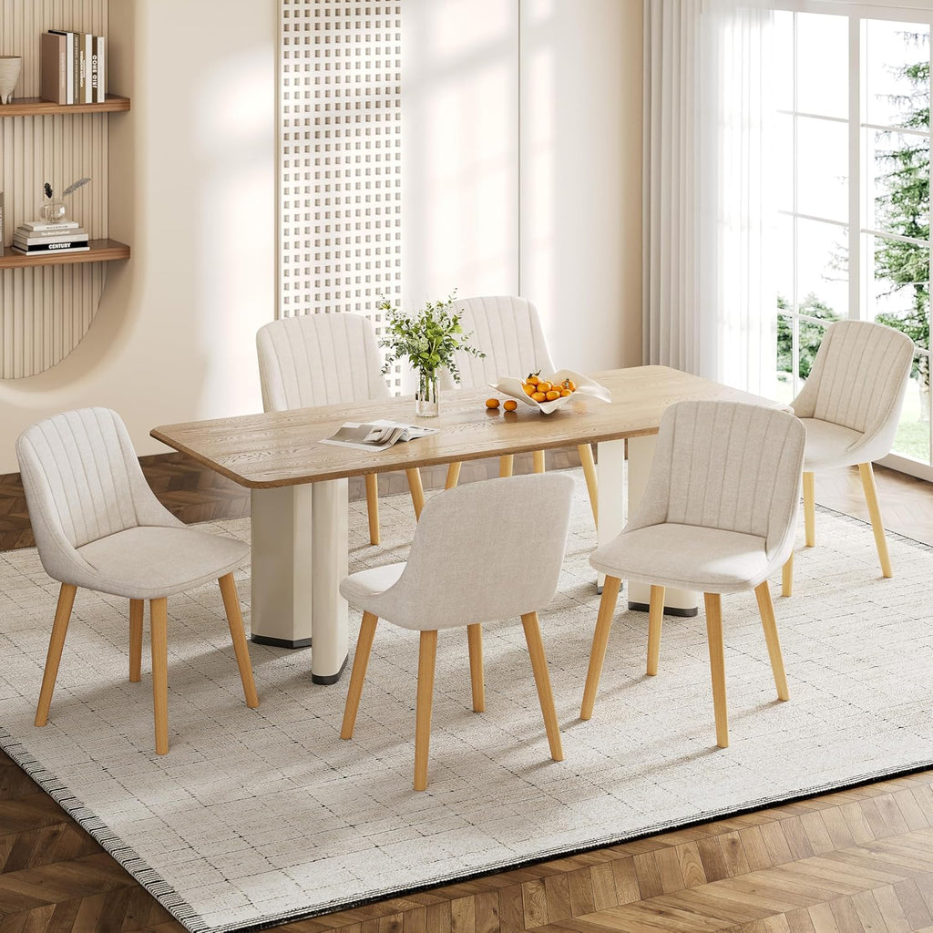 Goeurvant Lot de 6 Chaise Beige Salle a Manger Pieds Bois Chaises de Salon Chaises de Cuisine en Polyester avec Dossier pour Salon