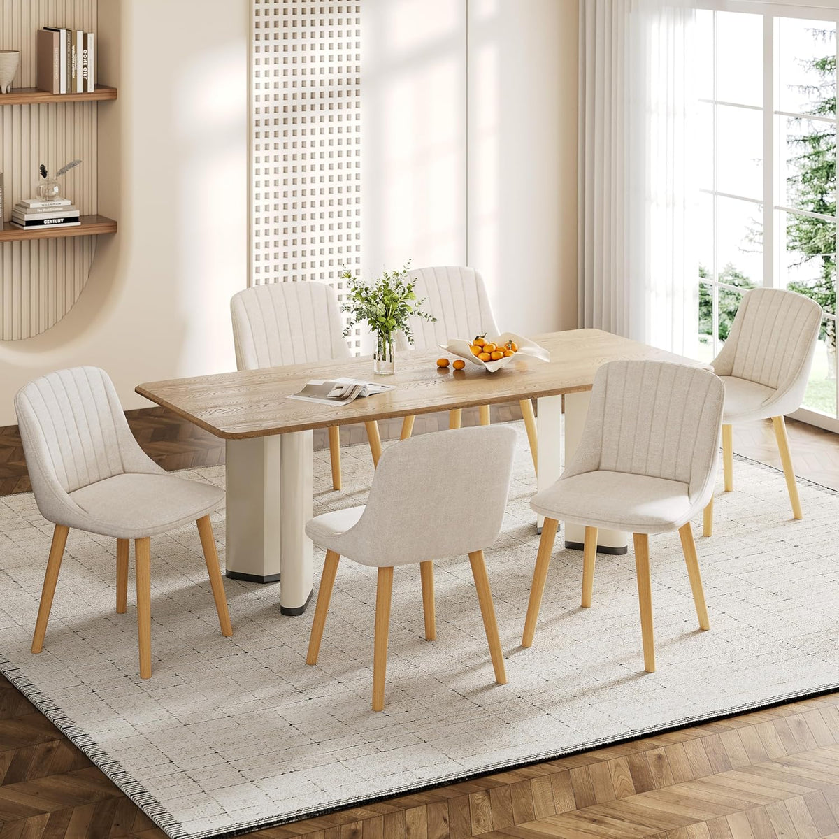 Goeurvant Lot de 6 Chaise Beige Salle a Manger Pieds Bois Chaises de Salon Chaises de Cuisine en Polyester avec Dossier pour Salon
