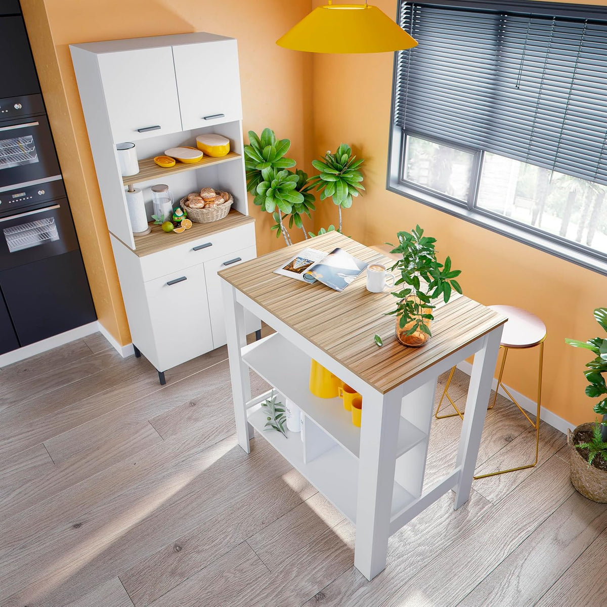 Habitdesign Modèle Kira Meuble de cuisine 4 portes + 1 tiroir Finition blanche Artik et naturel, dimensions : 185 x 72 x 40 cm H x l x P .
