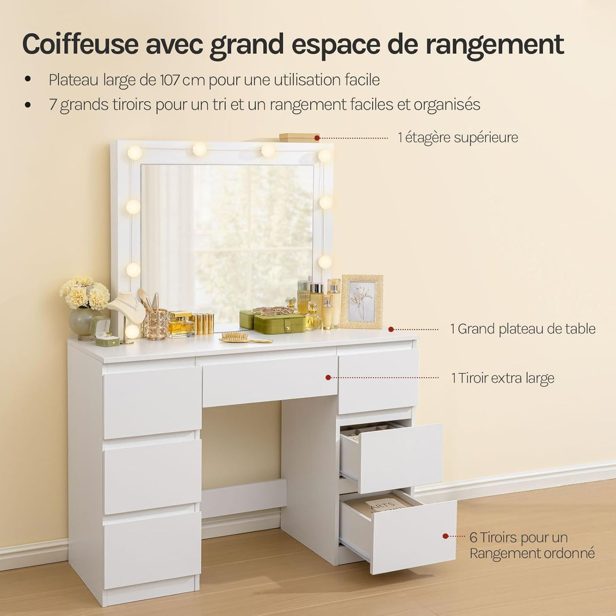 WOLTU Coiffeuse avec Miroir LED et Tabouret, Luminosité Réglable, avec 7 Tiroirs, 107x39,5x140,5cm, Blanc