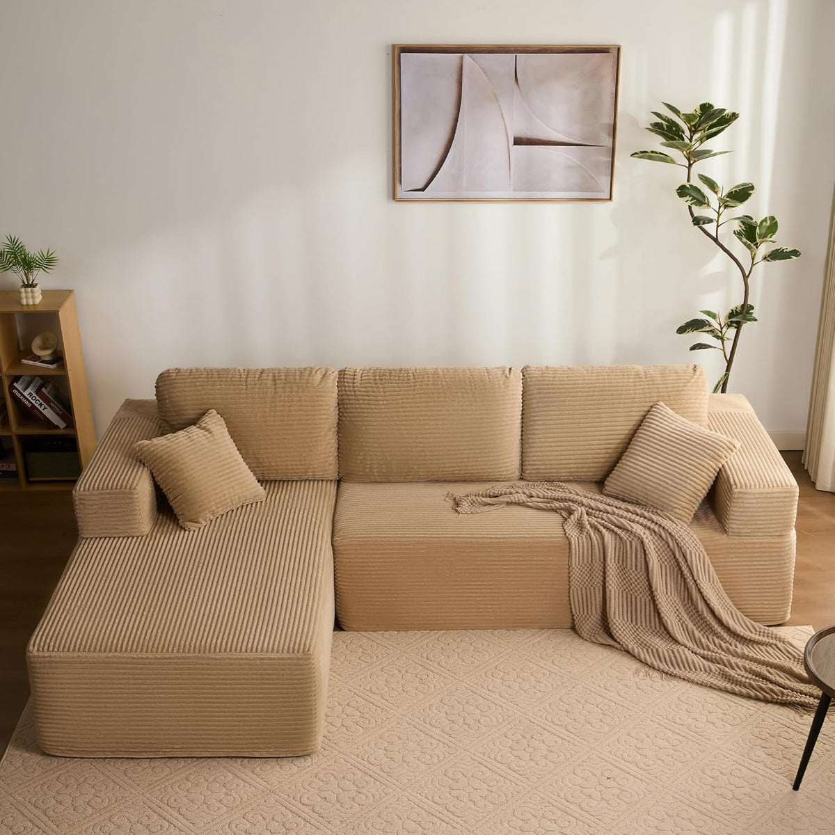 272 cm Canapé d'angle en Forme de L avec Fonction Couchage - Canapé modulaire avec méridienne Gauche - Assise Extra Profonde - Canapé-lit pour Salon (Camel, Méridienne Gauche)