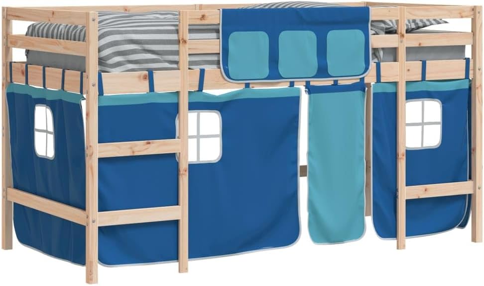 vidaXL Lit Mezzanine Enfants et Rideaux, Lit Surélevé pour Enfants avec Échelle, Meuble de Rangement Chambre, Moderne, Bleu 90x200 cm Bois Pin Massif