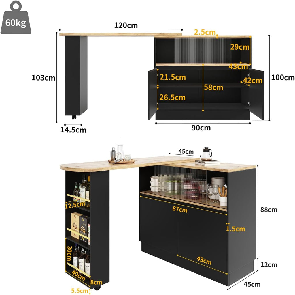 KOMHTOM Table de Bar Extensible avec Espace de Rangement, Meuble Bar avec 2 Portes en Verre, Rotation Libre à 360 °, étagères latérales (Noir)