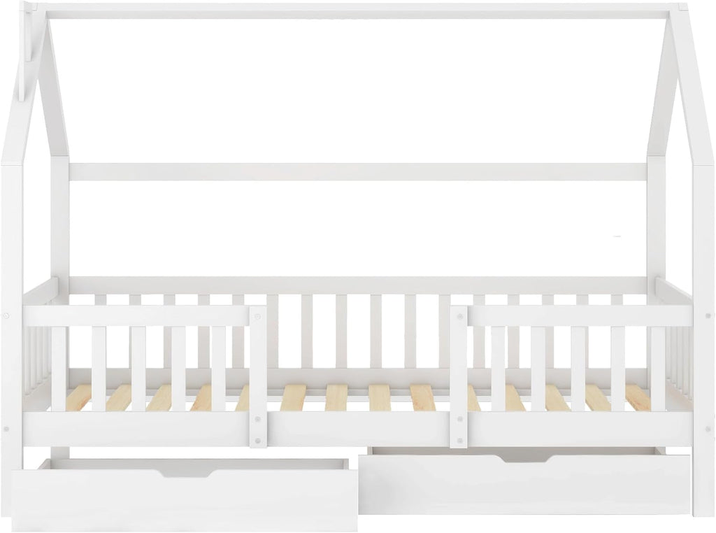 Merax Lit de Maison 90 x 200 cm, sommier à lattes en bois, tiroirs, chambre enfant