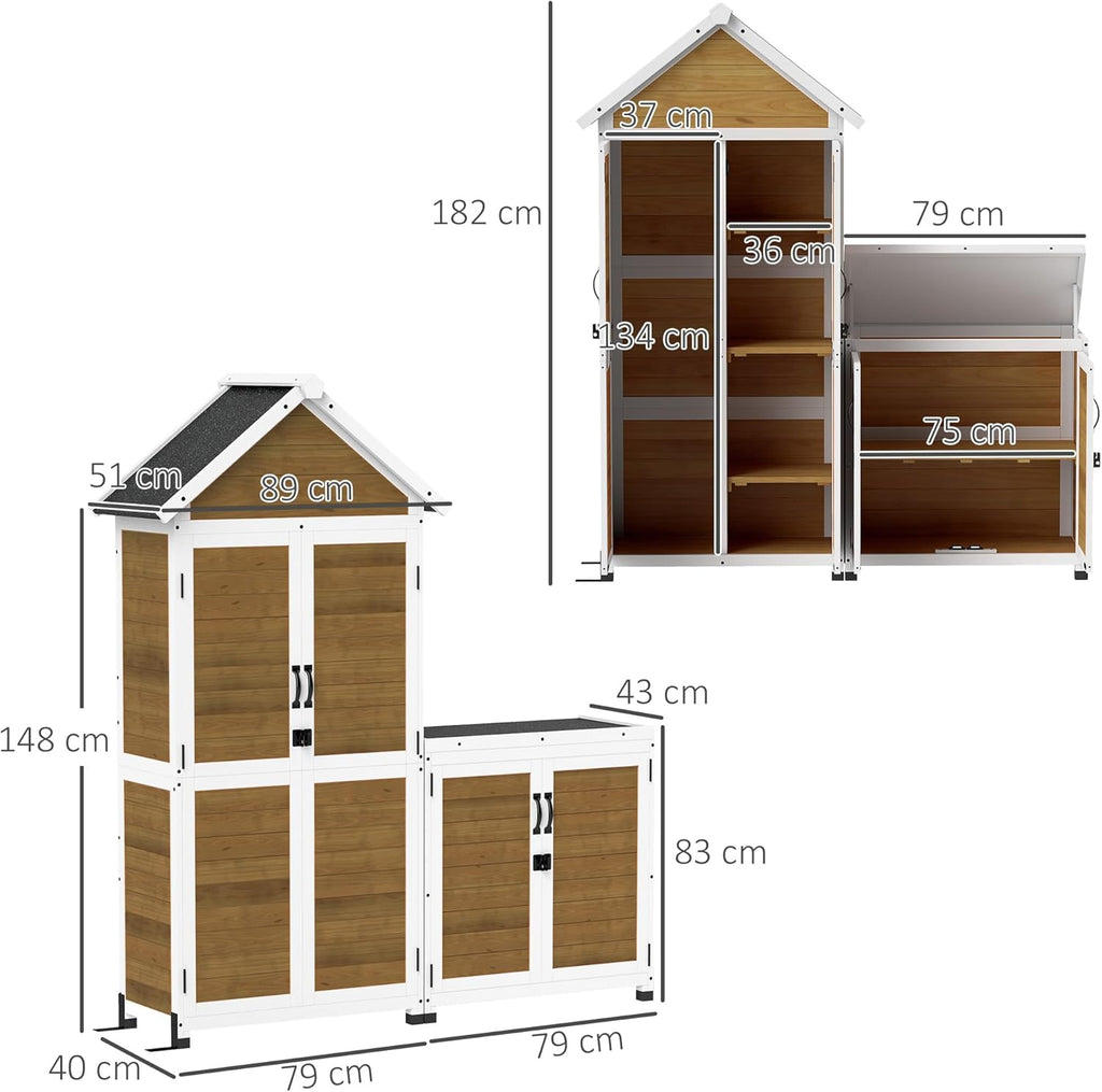 Outsunny Abri de Jardin + Armoire de Rangement en Bois, cabane de Jardin extérieur intérieur avec Toit incliné en Asphalte, étagères et Portes verrouillables, Armoire à Outils pour Balcon, Naturel