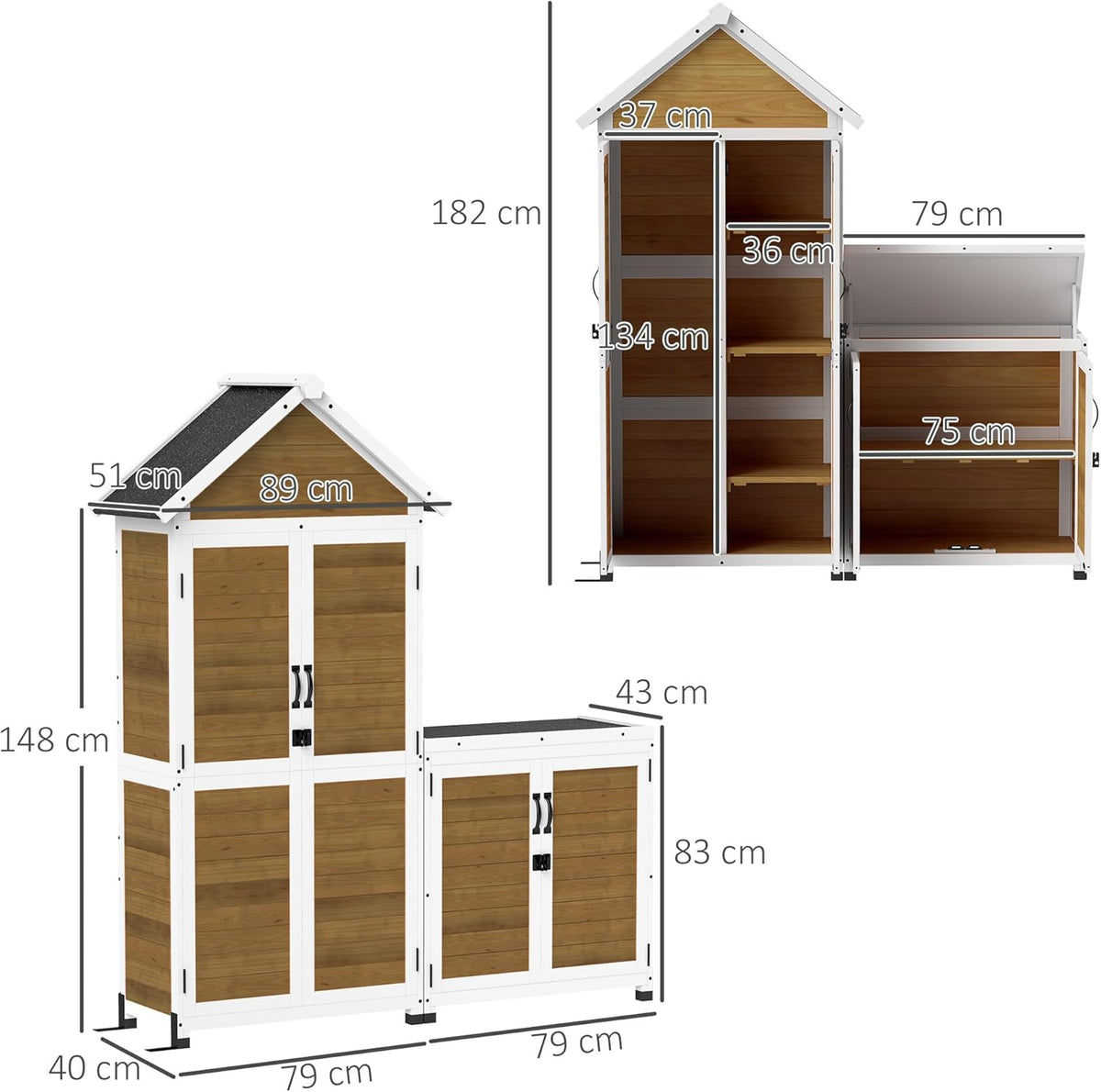 Outsunny Abri de Jardin + Armoire de Rangement en Bois, cabane de Jardin extérieur intérieur avec Toit incliné en Asphalte, étagères et Portes verrouillables, Armoire à Outils pour Balcon, Naturel