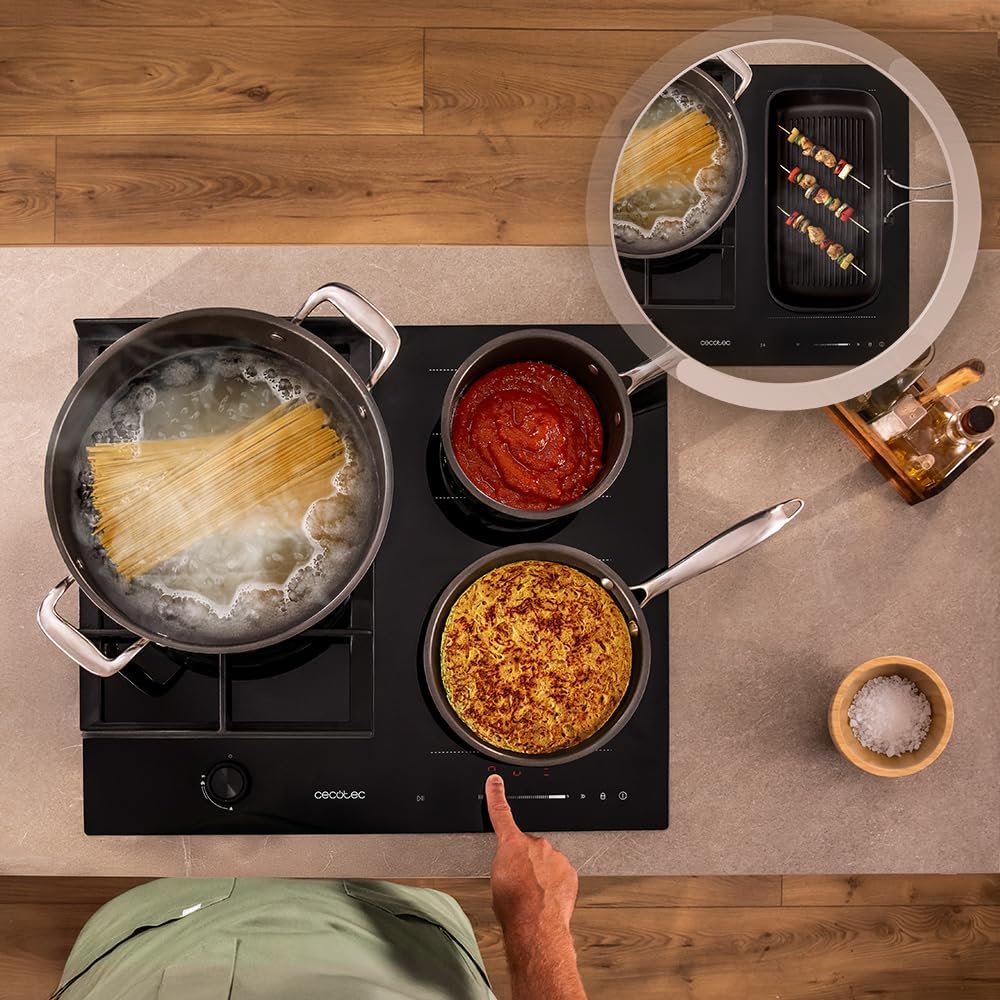 Cecotec Plaque de Cuisson à Induction et à Gaz Bolero Squad Gi 3500 Hybrid Fullflex, 3,4 Kw, 9 Vitesses, Fonctions Booster,Maintien au Chaud et Stop&Go, Zone Fullflex, Système de Sécurité des Valves
