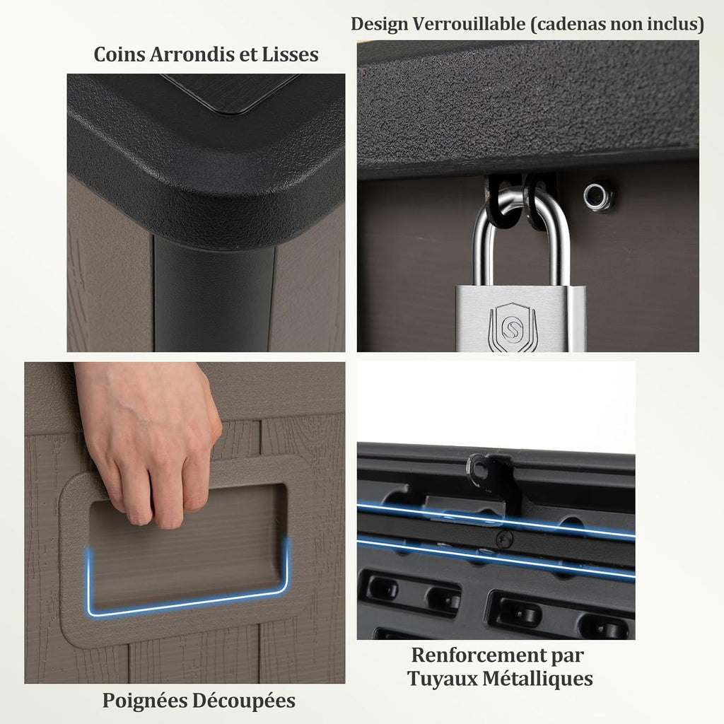 COSTWAY Coffre de Rangement Extérieure en Résine 378 L, Boîte de Rangement Imperméable avec Couvercle Verrouillable, pour des Outils Jouet Accessoires, pour Intérieur et Extérieur (Brun+Noir)