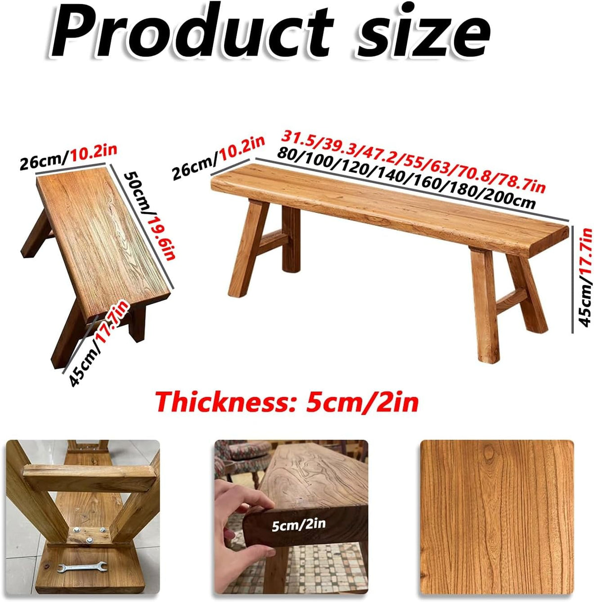 Banc en bois d'intérieur - Long banc de couloir en bois rustique massif avec capacité de 200 kg pour entrée, coin petit-déjeuner ou bout de lit