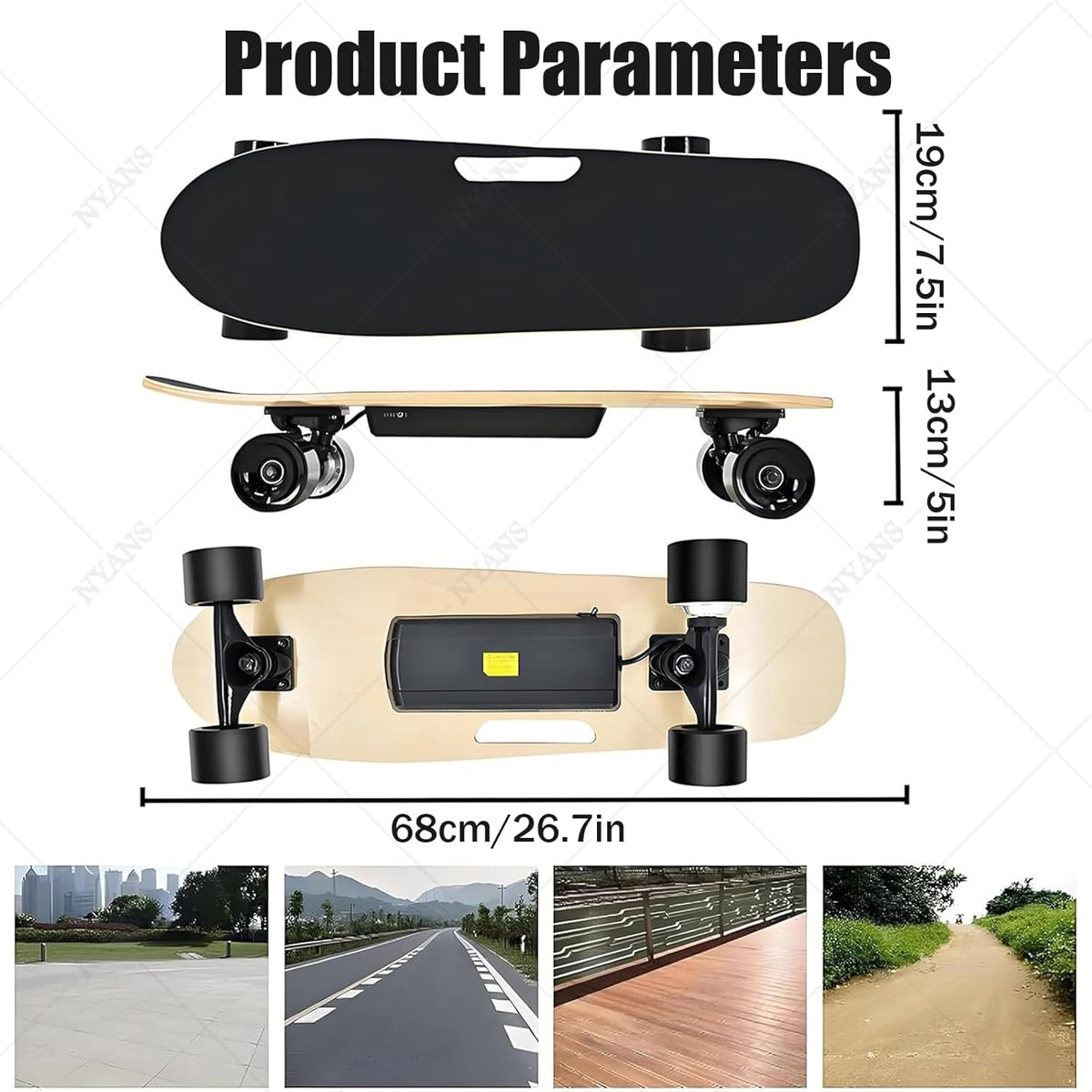 NYANS Skateboard Électrique Urbain pour Adultes, 3 Vitesses, Autonomie 8 km, Idéal pour Les Débutants (Enfants, Ados, Adultes, Débutants, Filles Et Garçons)