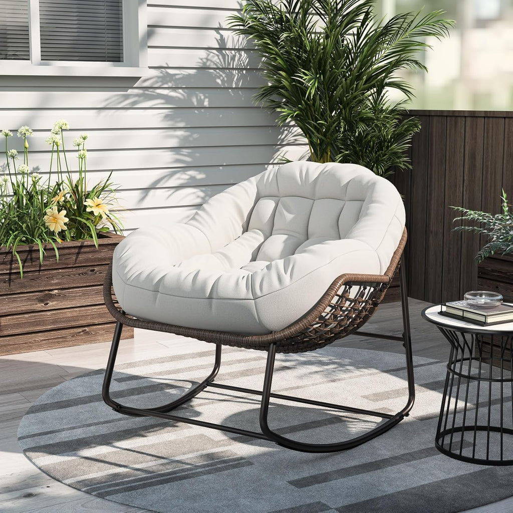 belupai Fauteuil à bascule en forme d'œuf en osier, jardin à bascule en rotin avec rembourré, chaise d'allaitement, cadre en métal, pour extérieur et intérieur, jusqu'à 113 kg beige