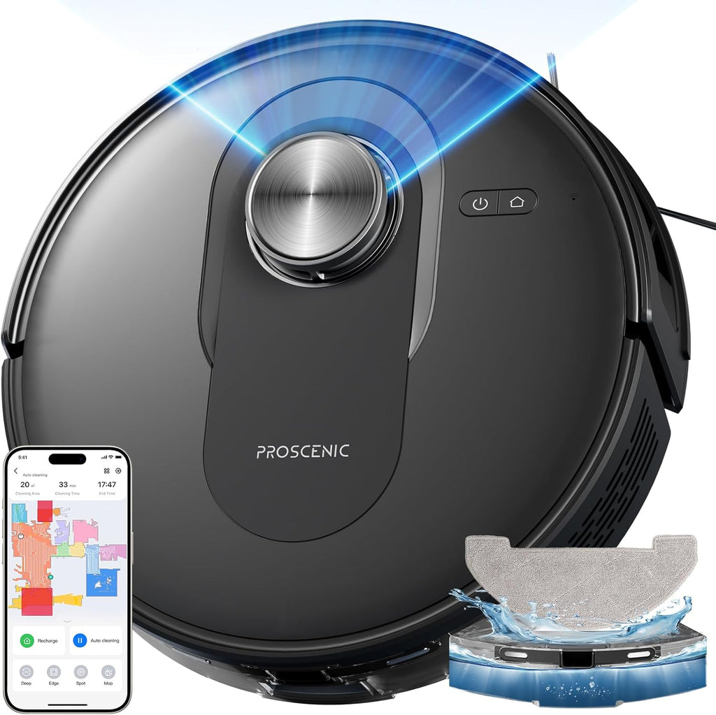 Proscenic Q8 Aspirateur Robot,6000Pa 200Mins Robot Aspirateur Laveur avec Serpillière,Navigation Lidar,Multi-étage Cartographie pour Poils Animaux Tapis Sols Durs,Connecté App Alexa Siri IFTTT