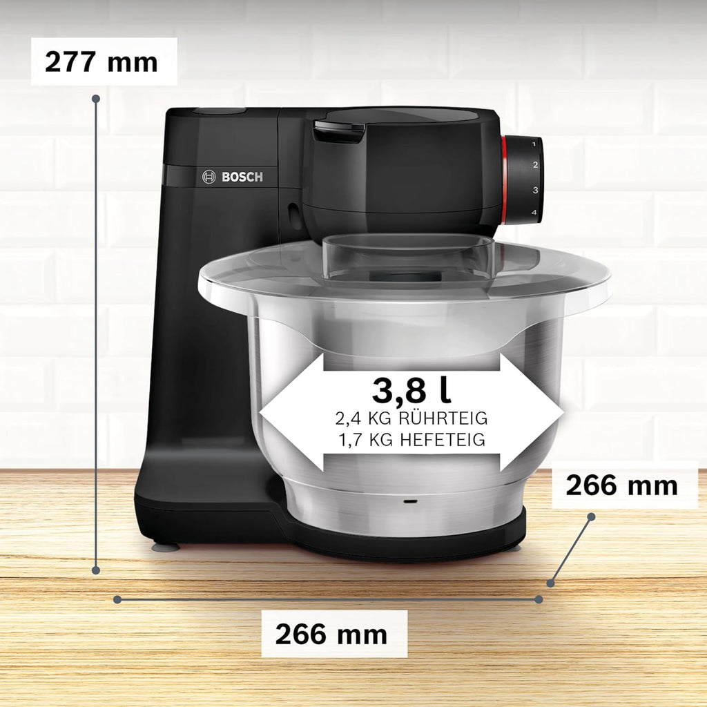 Bosch MUMS2EB01 Robot de cuisine MUM Serie 2, 700 W, bol en acier inoxydable 3,8 L, hachoir et 3 tranches, kit de pâtisserie en acier inoxydable, noir