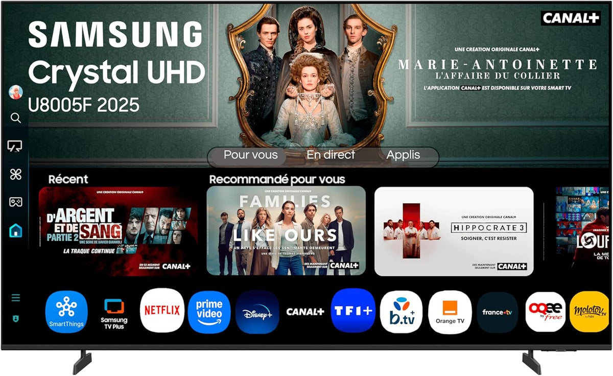 TV 55 Pouces Crystal UHD 55U8075F 4K Smart TV, Bluetooth, WiFi, Airplay, Crystal Processor 4K, HDR, Q-Symphony, Knox Security, Gaming Hub, Bixby, Applications opérateurs intégrées
