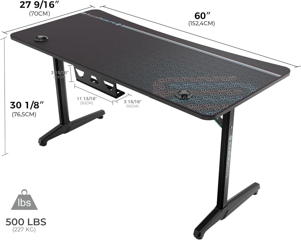 EUREKA ERGONOMIC Bureau Gaming 152x70cm Bureau Gamer Bureau Informatique PC Grand avec Tapis de Souris, Porte-gobelet,Crochet pour Casque et Support de Manette
