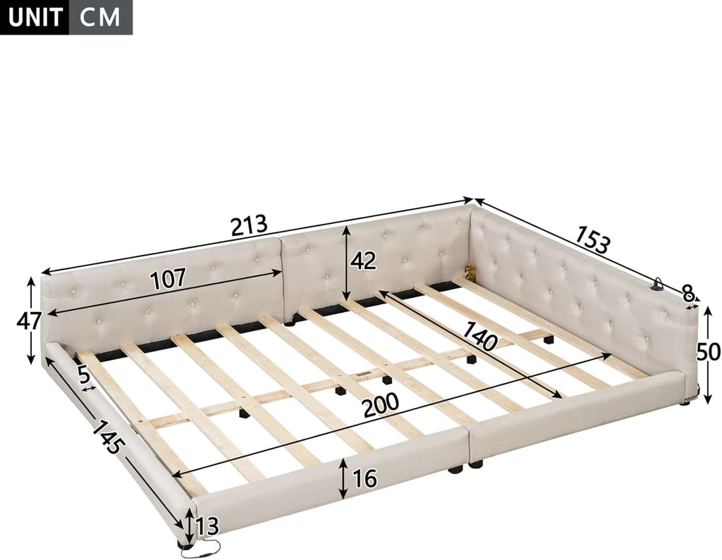 EURHCIO Canapé Lit 2 Places 140x200,Cadre de Lit Double avec Éclairage LED Réglable,Port USB-C,Sommier à Lattes Solide,pour Adultes Adolescents,Lin Beige, 140x200
