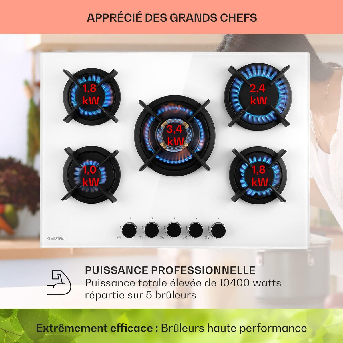 Klarstein Table de Cuisson à Gaz 5 Brûleurs, Plaque Électrique 5 Feux 10400W, Cuisinière Avec Brûleurs en Acier Inoxydable, Compatible GPL