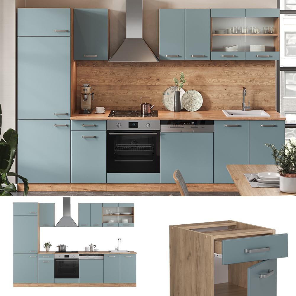 Vicco Cuisine R-Line, Bleu-Gris/Chêne de Force doré, 300 cm sans Plan de Travail