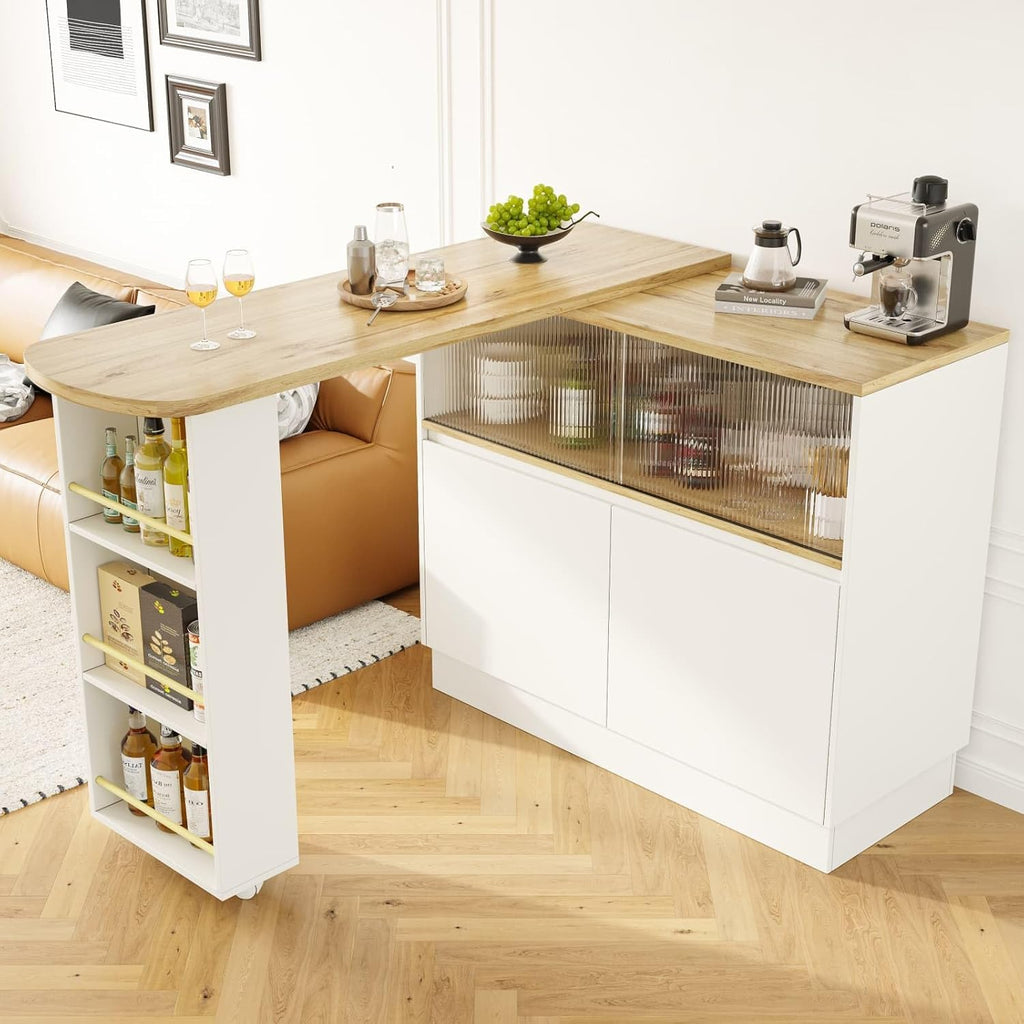 KOMHTOM Table de Bar Extensible avec Espace de Rangement, Meuble Bar avec 2 Portes en Verre, Rotation Libre à 360 °, étagères latérales (Blanc)