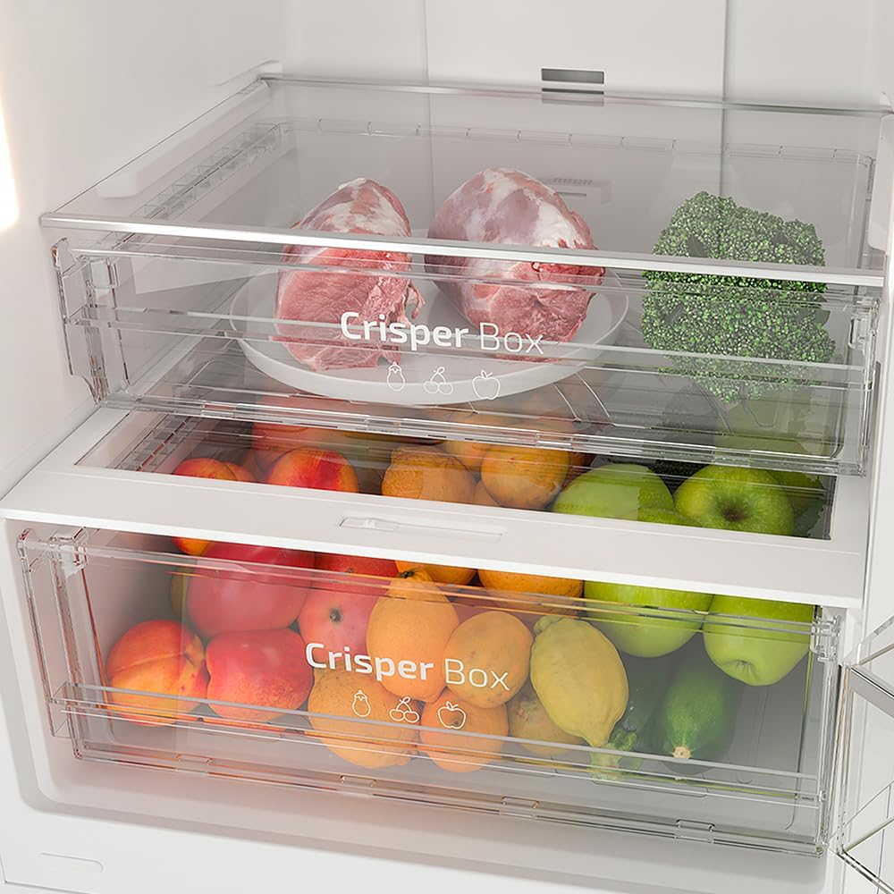 Cecotec Réfrigérateur combiné Bolero CoolMarket Combi 356 White Glass E. 356L, Total No Frost, Multi Airflow, Mode Vacances, Humidity Box, porte réversible, alarme de porte.