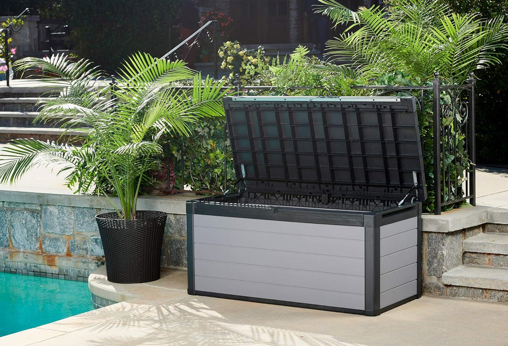 Ondis24 Keter Coffre de jardin XXL étanche (570 litres), boîte de rangement extérieur, coffre de rangement, coffre à coussins, banc