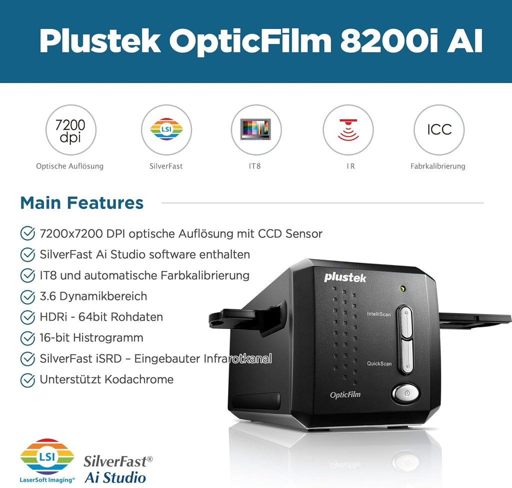 Plustek OpticFilm 8200i AI - Scanner de Films et Diapositives 35mm. SilverFast AI Studio 8 + IT8, 7200 dpi, Support Mac&PC