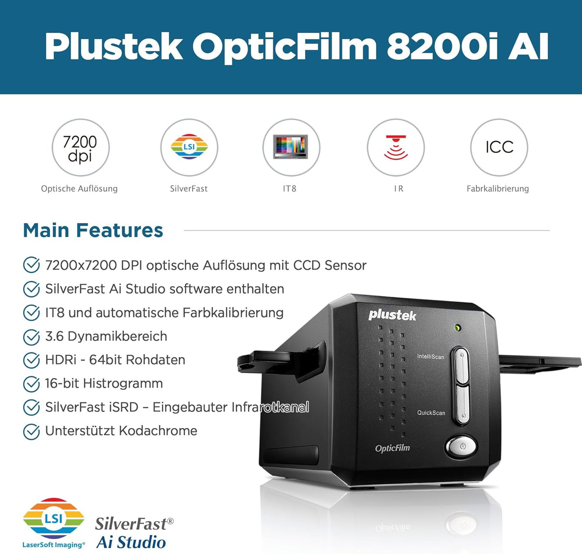 Plustek OpticFilm 8200i AI - Scanner de Films et Diapositives 35mm. SilverFast AI Studio 8 + IT8, 7200 dpi, Support Mac&PC