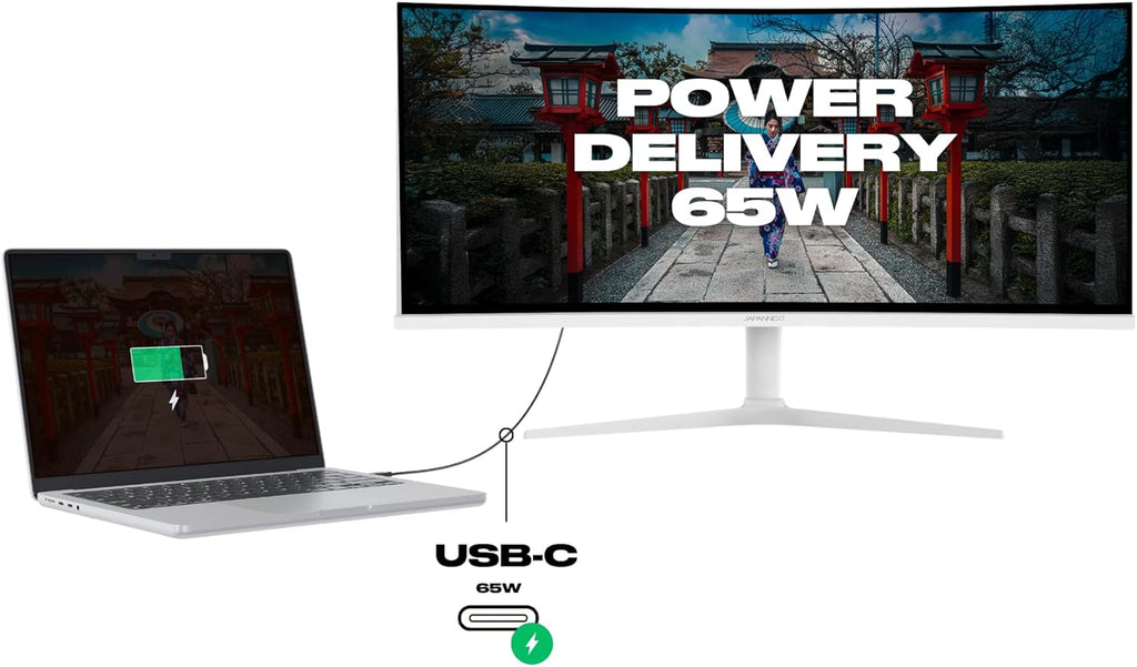 JAPANNEXT Ecran PC Incurvé Blanc 34" IPS UWQHD (3440x1440) | HDR & KVM | Recharge Via USB-C(65W) Hauteur réglable Haut-parleurs intégrés | G-Sync/FreeSync | JN-IPS34Q-HC6-W